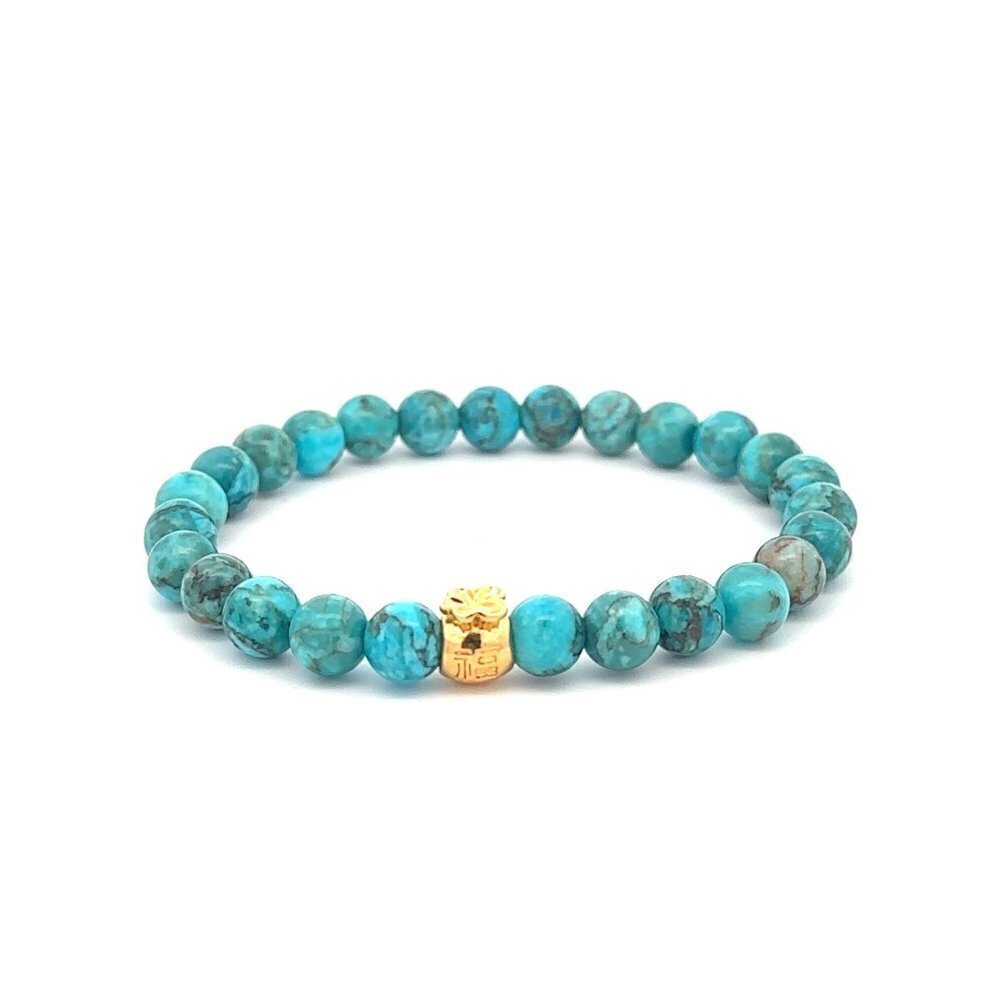 18K Gold Money Bag Turquoise Gemstones 6mm Lucky Charm Elastic Bracelet